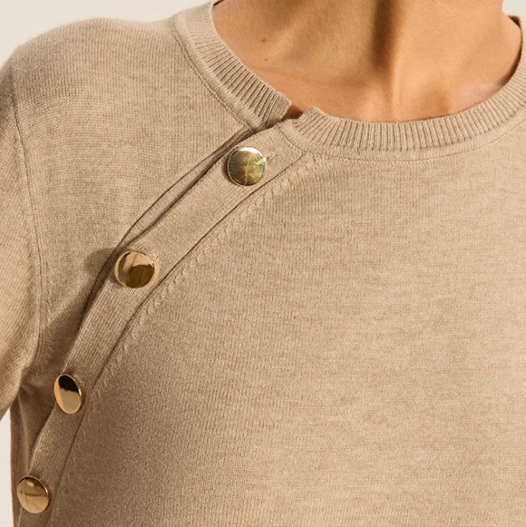 Commense Asymmetric Button Knit Top  Camel Color Long Sleeve Gold Detail Size M - Picture 8 of 11